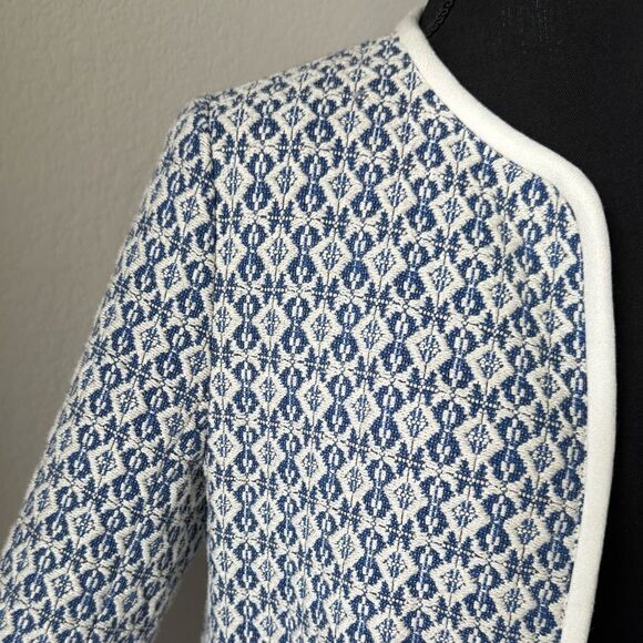 ZARA Basic BlueWhite Tweed Open Front Jacket Women’s XL Tribal Woven Fringe Coat - Picture 6 of 10